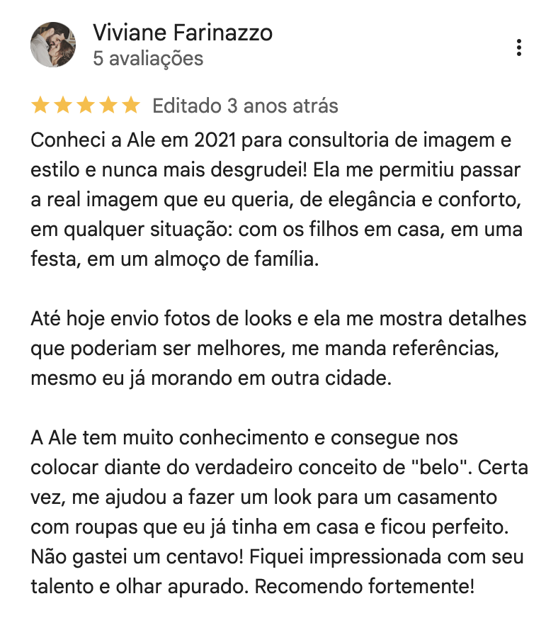 Avaliação de cliente da Alê no Google